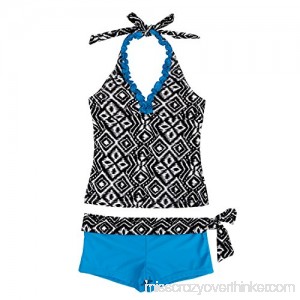 ACSUSS Kids Girls Two Pieces Tankini Swimsuit Geometric Print Halter Crop Tops Booty Shorts Swimwear Blue B07JQ8XM1N